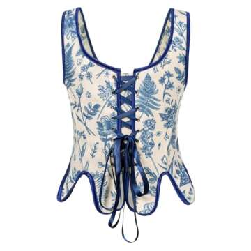 Scarlet Darkness Floral Corset Tops for Women Medieval Renaissance Lace Up Overbust Bodice Blue Floral Size 6