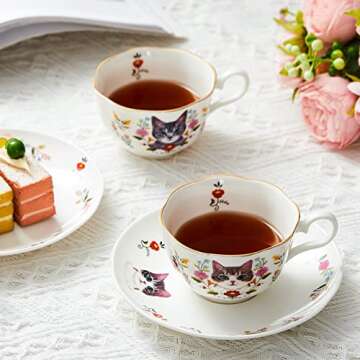 Charming Cat and Flower Ceramic Teacup Set for Tea Lovers