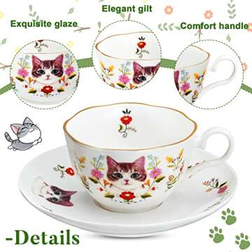 Charming Cat and Flower Ceramic Teacup Set for Tea Lovers
