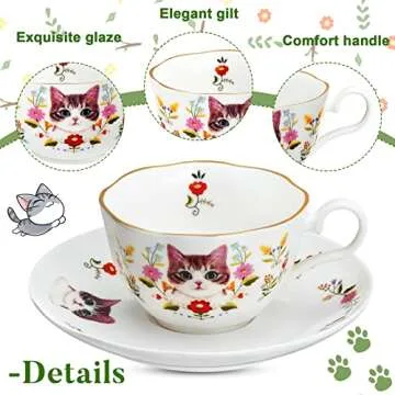 Charming Cat and Flower Ceramic Teacup Set for Tea Lovers