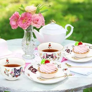 Charming Cat and Flower Ceramic Teacup Set for Tea Lovers