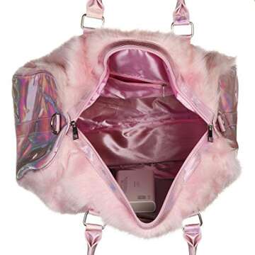 Risup Extra Large Laser Handbag Purse Fancy Duffel Bag 19in Faux Fur Bags for Travel and Overnight, Pink