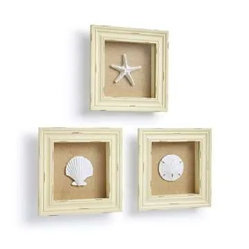 Beachy Set of 3 Shell Shabby Chic Shadow Boxes- Creamy Off White Frame 7" x 7" - Starfish, Sand Dollar and Clam Shell Mounted on Fabric Background by Tumbler Home