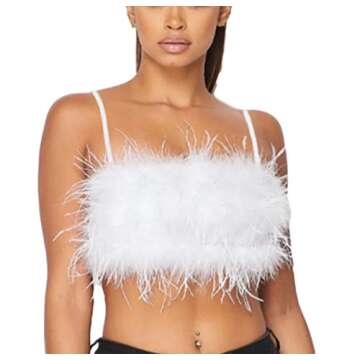 Women Rave Festival Feather Crop Tops Faux Fur Spaghetti Straps Tube Top for Concert Club Party