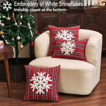 JOJOGOGO 20x20 Red Indoor Embroidered Snowflake Tartan Plaid Christmas Decor Throw Pillow Covers Set of 2, 20 x 20 Winter Holiday Checkered Pillow Cover for Front Porch, Xmas Decorative Pillows
