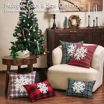 JOJOGOGO 20x20 Red Indoor Embroidered Snowflake Tartan Plaid Christmas Decor Throw Pillow Covers Set of 2, 20 x 20 Winter Holiday Checkered Pillow Cover for Front Porch, Xmas Decorative Pillows