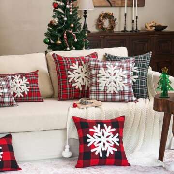 JOJOGOGO 20x20 Red Indoor Embroidered Snowflake Tartan Plaid Christmas Decor Throw Pillow Covers Set of 2, 20 x 20 Winter Holiday Checkered Pillow Cover for Front Porch, Xmas Decorative Pillows