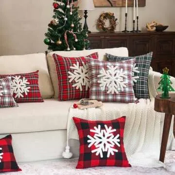 JOJOGOGO 20x20 Red Indoor Embroidered Snowflake Tartan Plaid Christmas Decor Throw Pillow Covers Set of 2, 20 x 20 Winter Holiday Checkered Pillow Cover for Front Porch, Xmas Decorative Pillows
