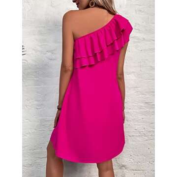 Floerns Women's One Shoulder Tiered Layered Sleeveless Ruffle Trim Tunic Dress A Hot Pink S