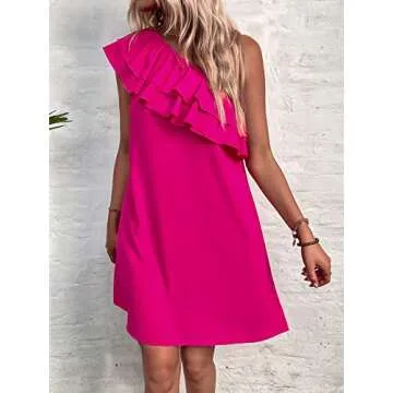 Floerns Women's One Shoulder Tiered Layered Sleeveless Ruffle Trim Tunic Dress A Hot Pink S