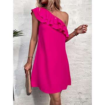 Floerns Women's One Shoulder Tiered Layered Sleeveless Ruffle Trim Tunic Dress A Hot Pink S