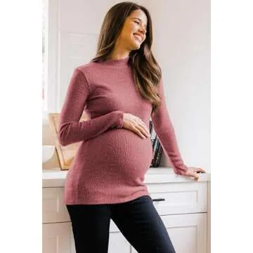 HELLO MIZ Women's Knit Ribbed Maternity Top with Mock Neck Long Sleeve (Dusty Rose,M)