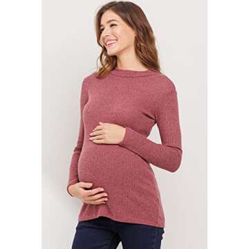 HELLO MIZ Women's Knit Ribbed Maternity Top with Mock Neck Long Sleeve (Dusty Rose,M)