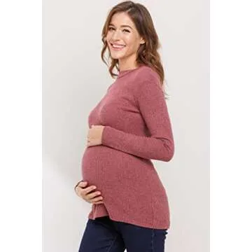 HELLO MIZ Women's Knit Ribbed Maternity Top with Mock Neck Long Sleeve (Dusty Rose,M)