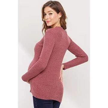 HELLO MIZ Women's Knit Ribbed Maternity Top with Mock Neck Long Sleeve (Dusty Rose,M)