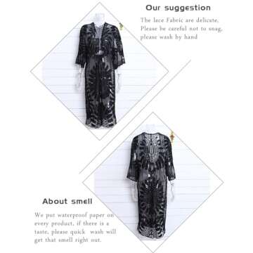 shermie Women's 3/4 Sleeve Loose Kimono Sun Flower Bikini Swimwear Bathing Suit Cover Up Black