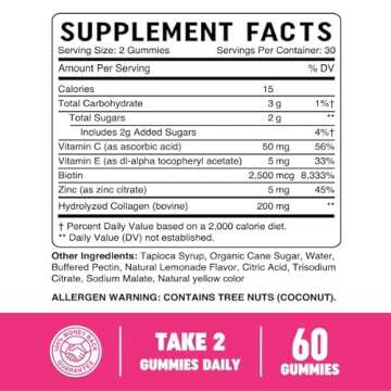 Collagen Gummies for Women | 200mg Hydrolyzed Collagen + 2500mcg Biotin, With Vitamin C, E & Zinc | Anti Aging, Hair Growth, Skin, Strong Nails | Non-GMO Gummy Vitamin Supplements | 60 Count