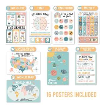 16 Boho Preschool Classroom Posters - Educational Posters For Toddlers 1-3, Toddler Learning Posters, Homeschooling Supplies, Alphabet Poster For Toddlers, Days Of The Week Poster For Kids Posters