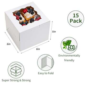 Moretoes 15pcs Bakery Boxes, 6x6x5in Small Bento Cake Box Cookie Boxes with Window, White Cupcake Bo...