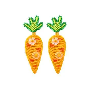 Handmade Easter Rabbit Carrot Egg Beaded Dangle Earrings Colorful Cute Easter Beads Earrings for Wom...
