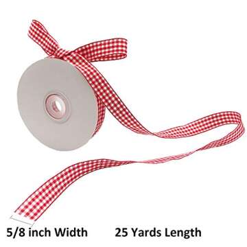 Red and White Gingham Ribbon, 5/8" x 25Yd Roll Picnic Craft Ribbon Red Buffalo Ribbon for Crafts Hai...