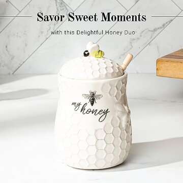 Young's Inc. Ceramic Honey Jar with Wooden Honey Dipper - Farmhouse Kitchen Decor - Tea Accessories