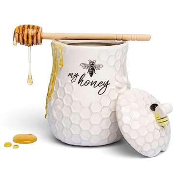 Young's Inc. Ceramic Honey Jar with Wooden Honey Dipper - Farmhouse Kitchen Decor - Tea Accessories
