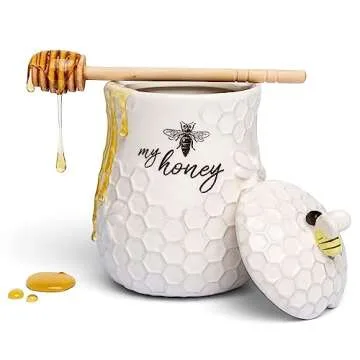 Young's Inc. Ceramic Honey Jar with Wooden Honey Dipper - Farmhouse Kitchen Decor - Tea Accessories