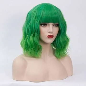 BUFASHION 14" Women Short Wavy Curly Wig Ombre Green Bob Wig Cosplay Halloween Synthetic Wigs Neat B...
