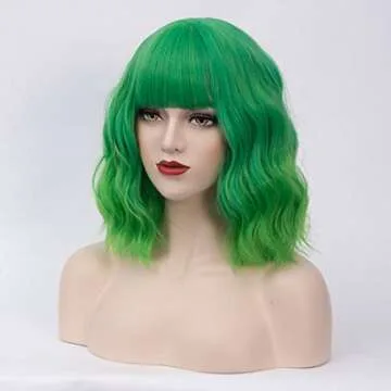 BUFASHION 14" Women Short Wavy Curly Wig Ombre Green Bob Wig Cosplay Halloween Synthetic Wigs Neat Bang Wig With Free Wig Cap (Ombre Green)