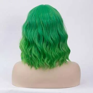 BUFASHION 14" Women Short Wavy Curly Wig Ombre Green Bob Wig Cosplay Halloween Synthetic Wigs Neat Bang Wig With Free Wig Cap (Ombre Green)