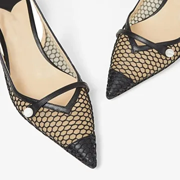THESHY Women's Slingback Kitten Heel Mesh Pointed Toe Pearl Low Heel Pumps Casual Wedding Shoes for Women Fashion Dress Shoes