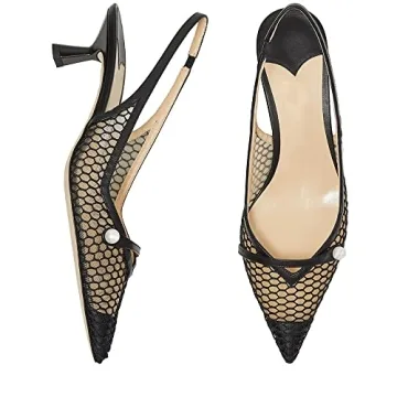 THESHY Women's Slingback Kitten Heel Mesh Pointed Toe Pearl Low Heel Pumps Casual Wedding Shoes for Women Fashion Dress Shoes