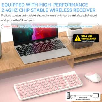 FD iK6630 Wireless Keyboard and Mouse Combo - 2.4GHz USB Cordless, Cute Round Keys, Quiet and Slim S...