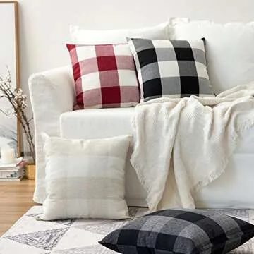 MIULEE Pack of 2 Retro Checkers Plaids Polyester Linen Soft Solid Cream White and White Decorative Throw Pillow Covers Home Decor Outdoor Cushion Case for Sofa Bedroom 24 x 24 Inch