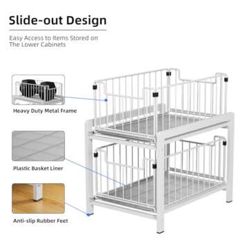 Lxmons 2 Tier Sliding Basket Drawer Organizer, Pull Out Under Sink Cabinets Organizers, Metal Home Shelf for Bathroom or Kitchen, Sliding Countertop or Pantry Storage Shelf, Large White