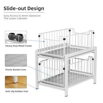 Lxmons 2 Tier Sliding Basket Drawer Organizer, Pull Out Under Sink Cabinets Organizers, Metal Home Shelf for Bathroom or Kitchen, Sliding Countertop or Pantry Storage Shelf, Large White