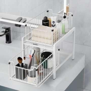 Lxmons 2 Tier Sliding Basket Drawer Organizer, Pull Out Under Sink Cabinets Organizers, Metal Home Shelf for Bathroom or Kitchen, Sliding Countertop or Pantry Storage Shelf, Large White