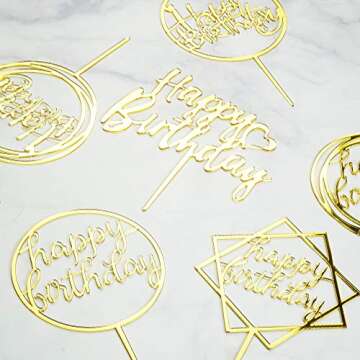 6-Pack Gold Birthday Cake Topper Set, Double-Sided Glitter, Acrylic Happy Birthday Cake Toppers/Cupc...