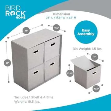 BIRDROCK HOME Linen Cube Organizer Shelf with 4 Storage Bins - Durable, Collapsible Multi-Purpose Shelving Unit for Bedroom, Closet, or Dorm, Compact Cubbie Shelf for Toys, Clothes, or Towels - Grey
