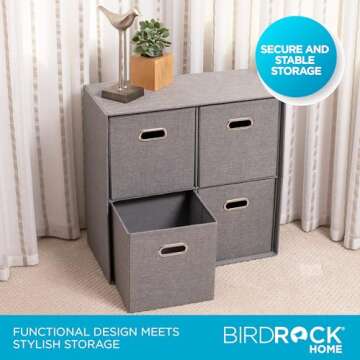 BIRDROCK HOME Linen Cube Organizer Shelf with 4 Storage Bins - Durable, Collapsible Multi-Purpose Shelving Unit for Bedroom, Closet, or Dorm, Compact Cubbie Shelf for Toys, Clothes, or Towels - Grey
