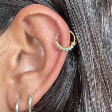 Handmade Gold Pair Small 10MM Cartilgae Helix Piercing Turquoise Beaded Hoop Earrings, Gold Plated over Sterling Silver Thin 22Gauge Beads Hoops for women, By Miya Jewelry