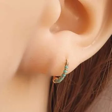Handmade Gold Pair Small 10MM Cartilgae Helix Piercing Turquoise Beaded Hoop Earrings, Gold Plated over Sterling Silver Thin 22Gauge Beads Hoops for women, By Miya Jewelry