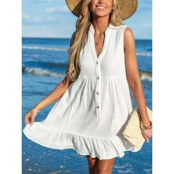 CUPSHE Women Swimsuit Coverup 100% Cotton Ruffle Hem Beach Cover Up Dresses White, S