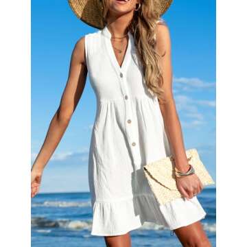 CUPSHE Women Swimsuit Coverup 100% Cotton Ruffle Hem Beach Cover Up Dresses White, S