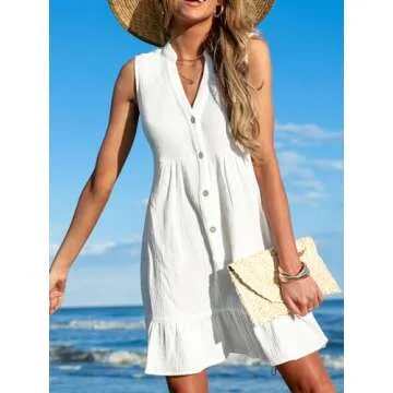 CUPSHE Women Swimsuit Coverup 100% Cotton Ruffle Hem Beach Cover Up Dresses White, S