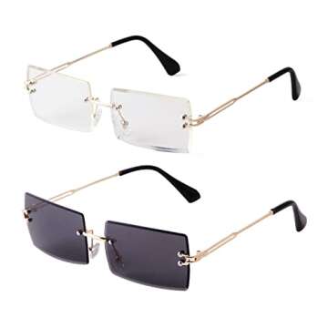 ADE WU Rimless Rectangle Sunglasses for Women Men,Trendy Fashion Sheer Pink,Blue Lens Frameless Glasses (2 Pack: Black & Clear Lens)