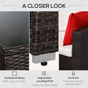 Outsunny 6 Piece Patio Furniture Set Outdoor Wicker Conversation Set All Weather PE Rattan Sectional Sofa Set with Ottoman, Cushions and Tempered Glass Table, Mixed Brown and Cream White