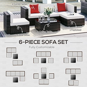 Outsunny 6 Piece Patio Furniture Set Outdoor Wicker Conversation Set All Weather PE Rattan Sectional Sofa Set with Ottoman, Cushions and Tempered Glass Table, Mixed Brown and Cream White