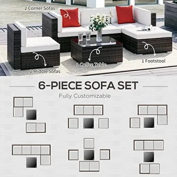 Outsunny 6 Piece Patio Furniture Set Outdoor Wicker Conversation Set All Weather PE Rattan Sectional Sofa Set with Ottoman, Cushions and Tempered Glass Table, Mixed Brown and Cream White